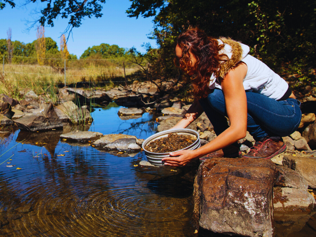 Hands sifting through rich earth to uncover natural gemstones in a bushland setting.